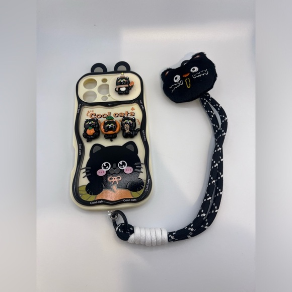 iPhone 16 Pro Max Case – Cute Black Cat Design with Plush Charm & Wrist Strap - Picture 9 of 9